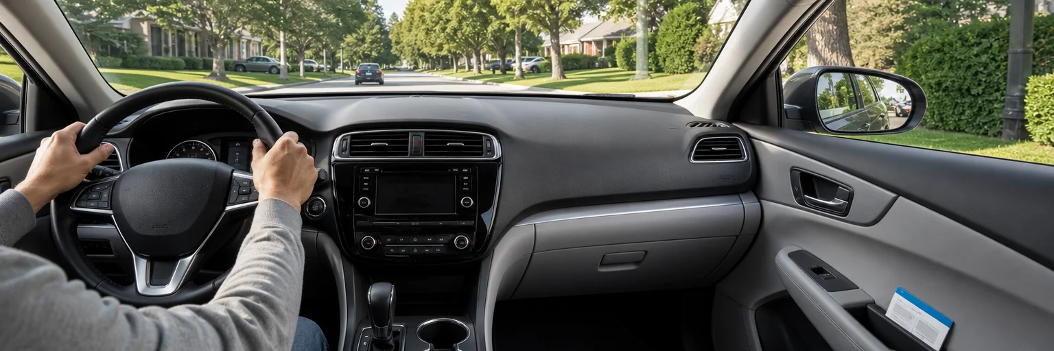 Driver's hands on the steering wheel of a modern sedan on a suburban street with an auto insurance card visible in the door pocket