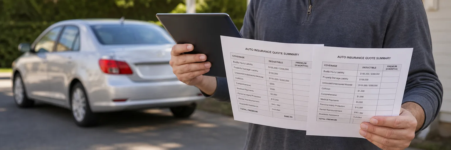 Driver in a driveway comparing two printed auto-insurance quote summaries on a tablet beside a parked compact vehicle