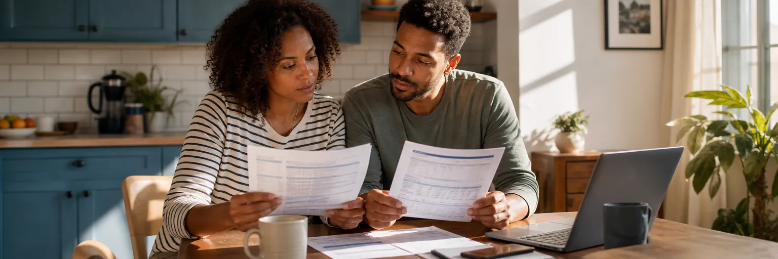Family at a kitchen table comparing two printed health-plan summary sheets with premiums, deductibles, and network columns alongside a laptop