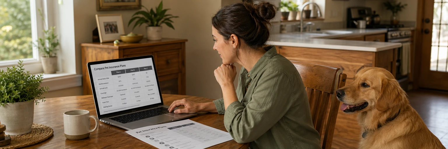 Pet owner at a kitchen table comparing pet insurance plans on a laptop with a printed plan sheet beside her golden retriever