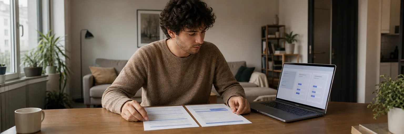 Apartment renter comparing two printed renters-insurance policy summaries at a kitchen table with a laptop quote interface open in front