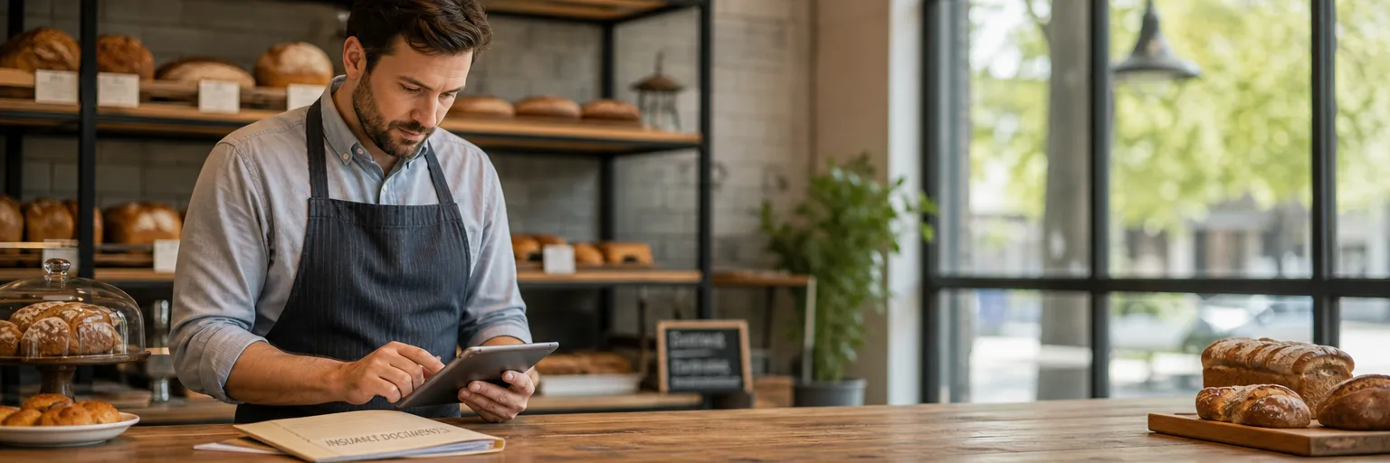 Small business owner reviewing paperwork on a tablet behind a bakery counter
