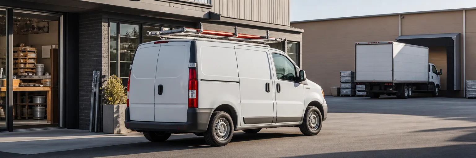 White work van with a ladder rack parked at a small-business jobsite outside a storefront in soft morning light