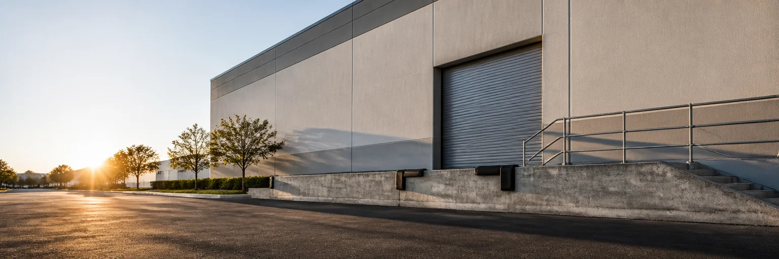 Small commercial warehouse loading bay with a rolled steel roll-up door and concrete dock at sunrise