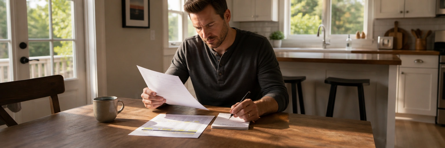 Adult at a kitchen table reviewing an insurance declarations page and a printed deductible-tier comparison sheet showing $500, $1,000, and $2,500 options