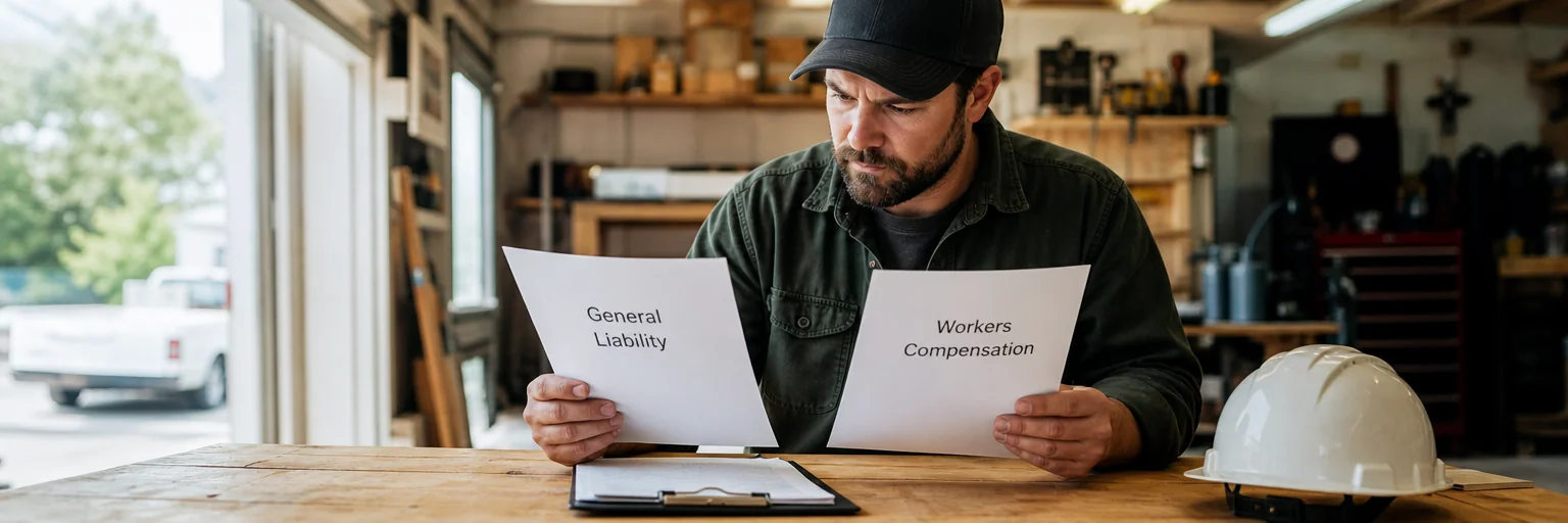 Small-business owner at a workshop counter reviewing two printed insurance policy documents side by side — one labeled General Liability and one labeled Workers Compensation