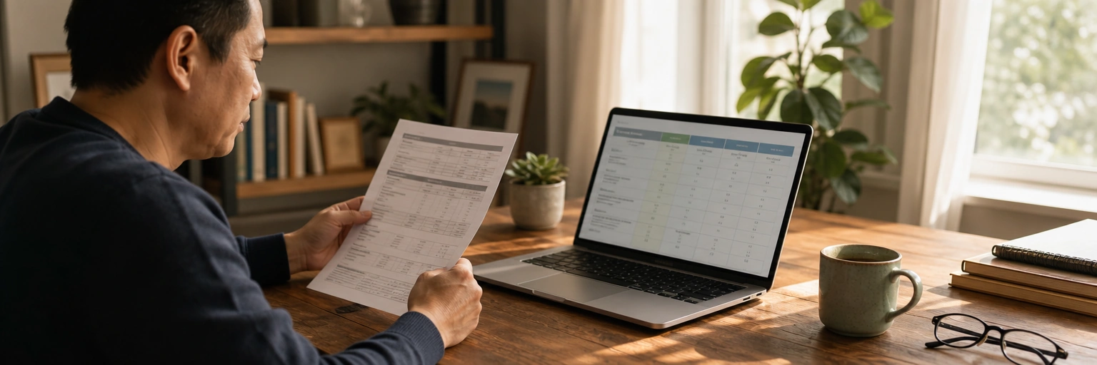 Adult at a home desk comparing a printed health insurance summary of benefits alongside a laptop showing a health plan comparison table