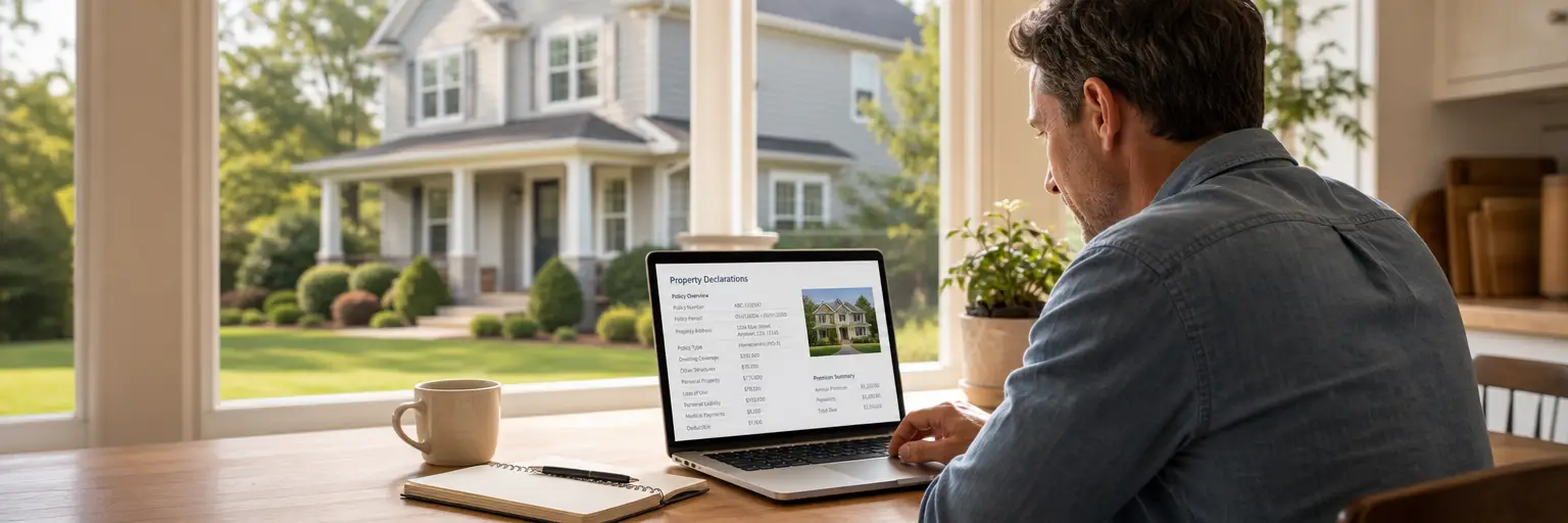 Homeowner reviewing a homeowners insurance policy on a laptop at a kitchen table
