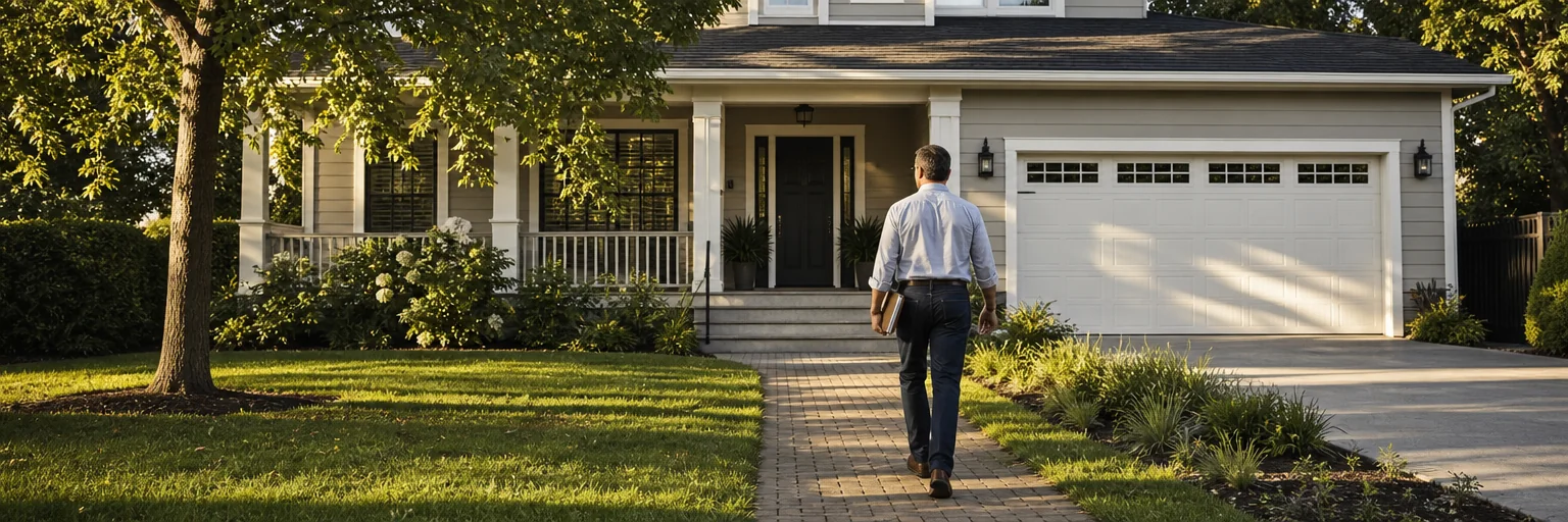 Suburban single-family home exterior in warm afternoon light with a homeowner walking up the front path holding a folder of insurance paperwork