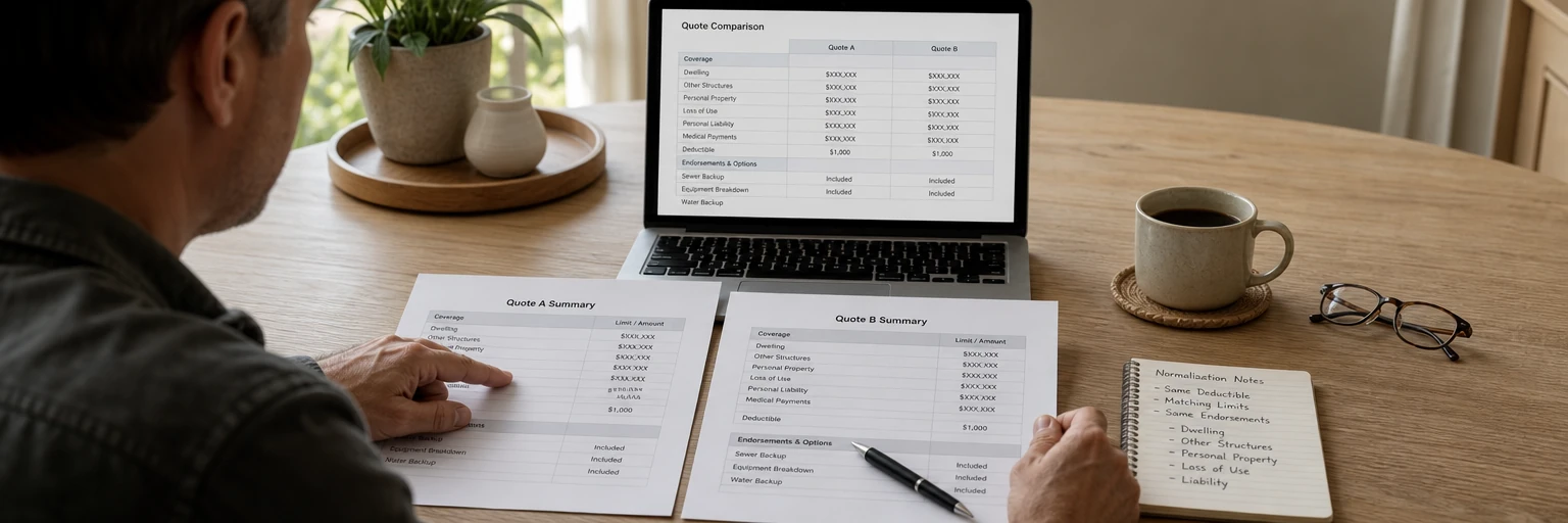 Shopper at a home desk comparing two printed quote summary sheets side by side, with an open laptop showing an unbranded coverage comparison table and a notepad of handwritten normalization notes