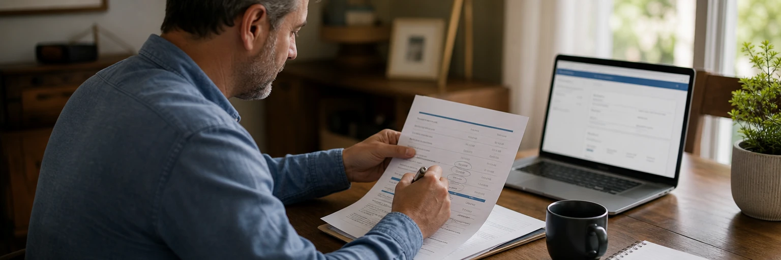 Adult at a home desk reviewing an insurance declarations page with a pen circling the coverage limits and deductible amounts on the printed sheet