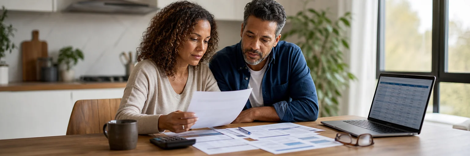 Adult at a kitchen table with several insurance quote sheets, a calculator, and a laptop open to a rate-comparison table