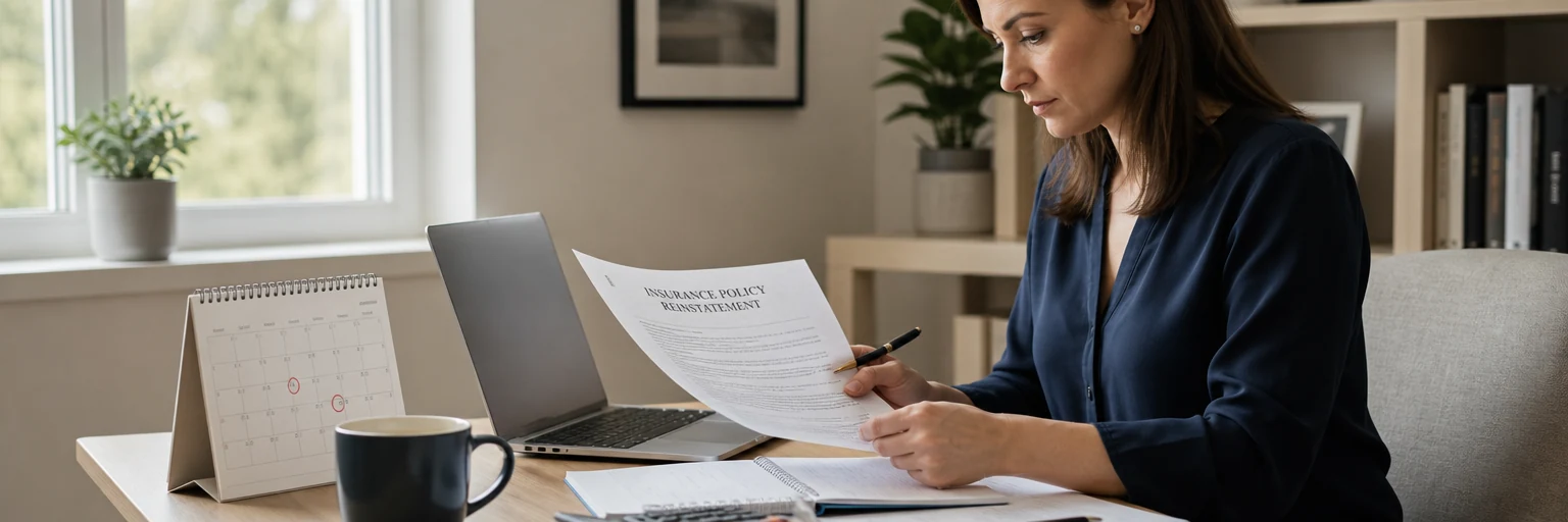 Woman at a home-office desk reviewing an insurance policy reinstatement document with a calendar showing circled dates