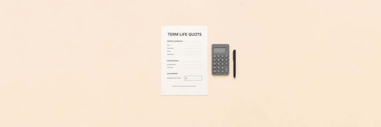 Flat-lay of a printed term life insurance quote sheet beside a calculator and pen on a pale neutral desk