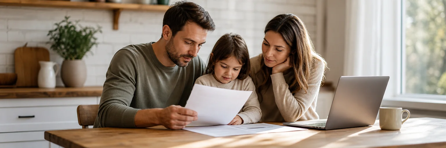Young family at a home kitchen table reviewing a life insurance policy document together with a laptop nearby showing a beneficiary form
