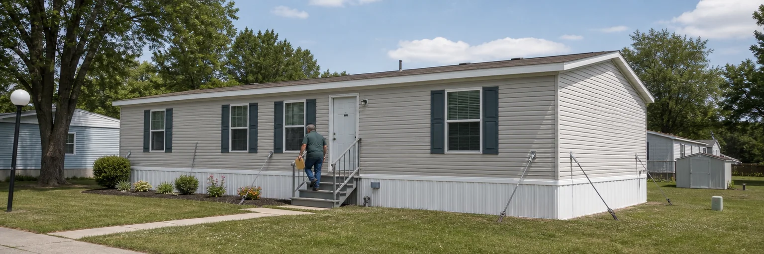 Single-wide manufactured home with vinyl siding and perimeter skirting on a tidy residential lot, with a homeowner walking up the front steps