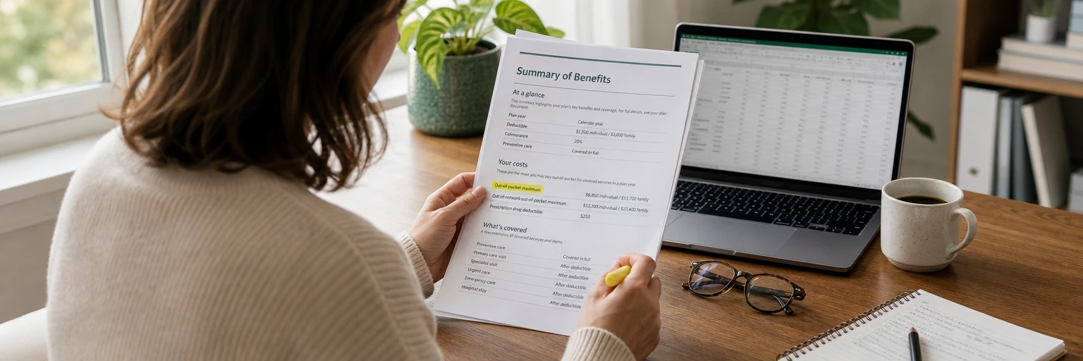 Adult at a home desk reviewing a printed health plan Summary of Benefits with the out-of-pocket maximum line highlighted