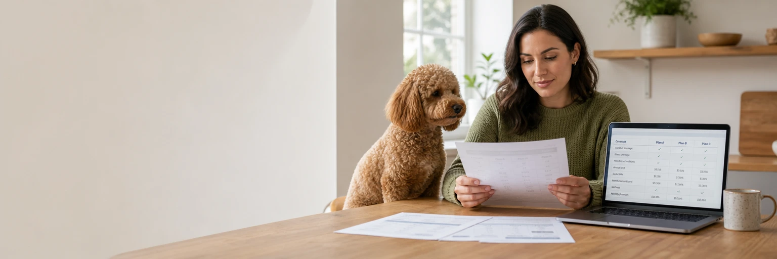 Pet owner at a kitchen table reviewing a pet insurance comparison beside a laptop, with a healthy dog sitting next to her