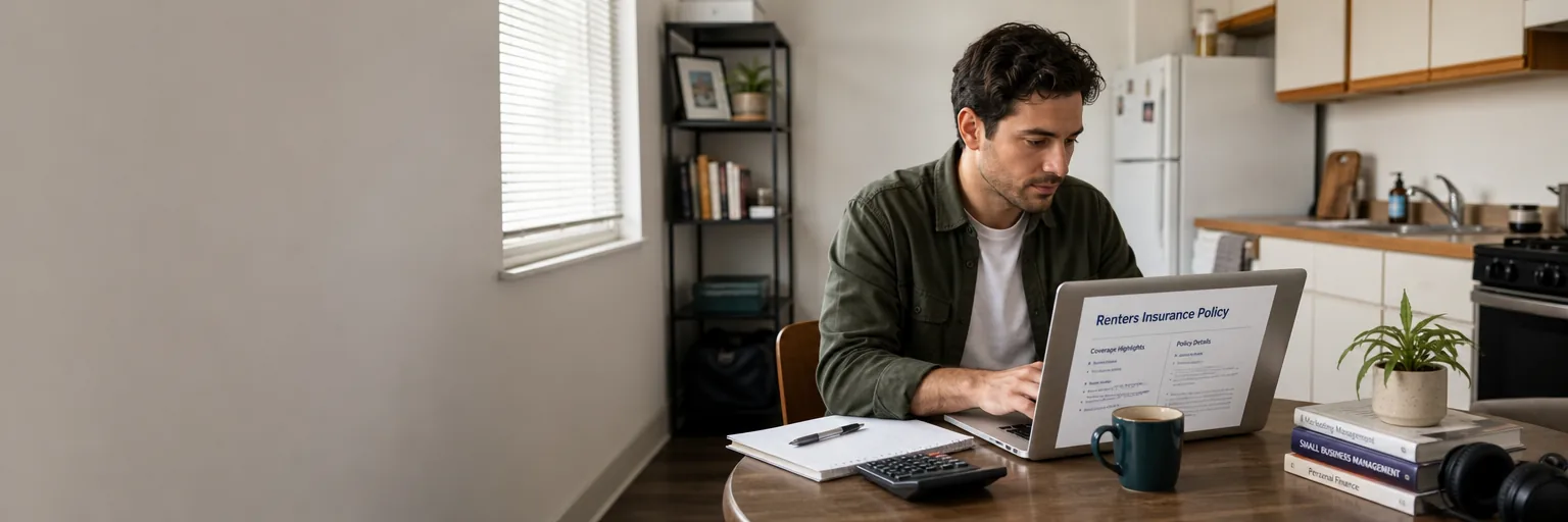 Renter at a kitchen table reviewing renters insurance paperwork with a laptop and calculator