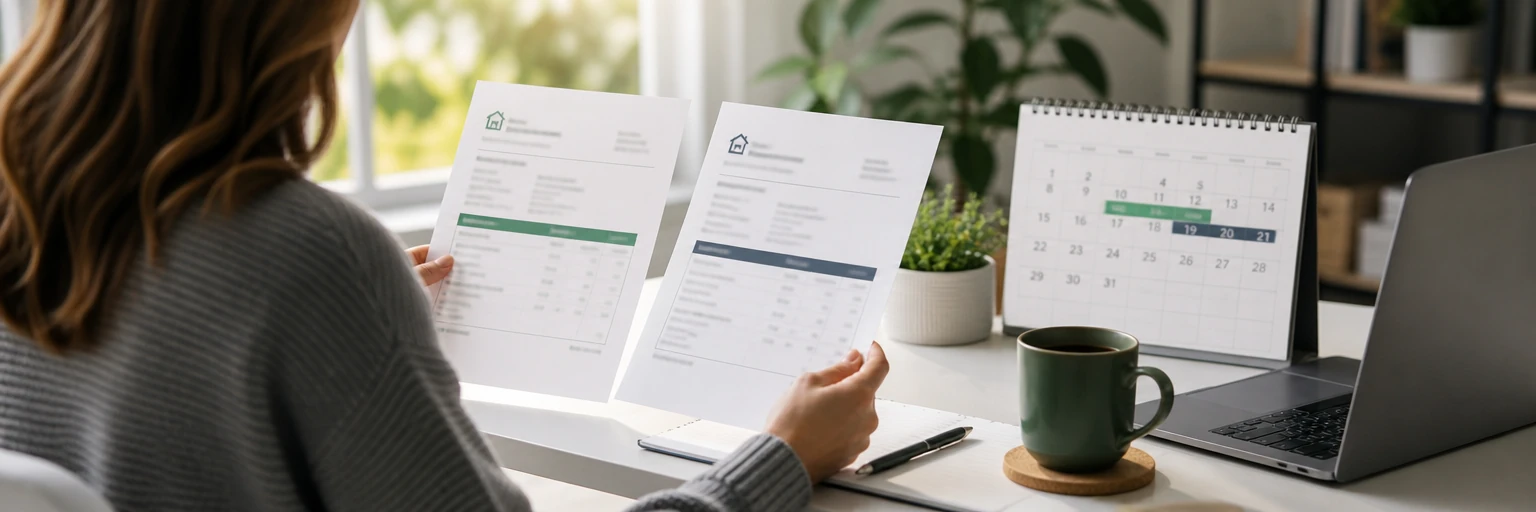Policyholder comparing the effective dates on two insurance declarations pages at a home desk with a calendar showing an overlapping switchover window