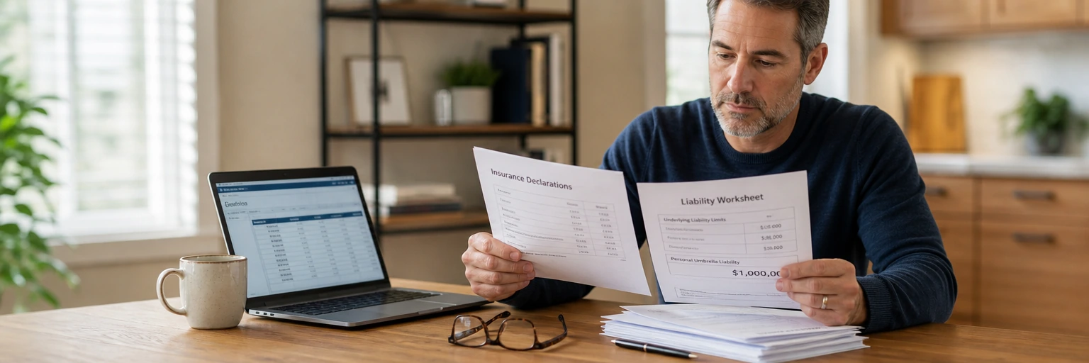 Homeowner at a kitchen table comparing an insurance declarations page and a liability worksheet listing a $1M personal umbrella limit