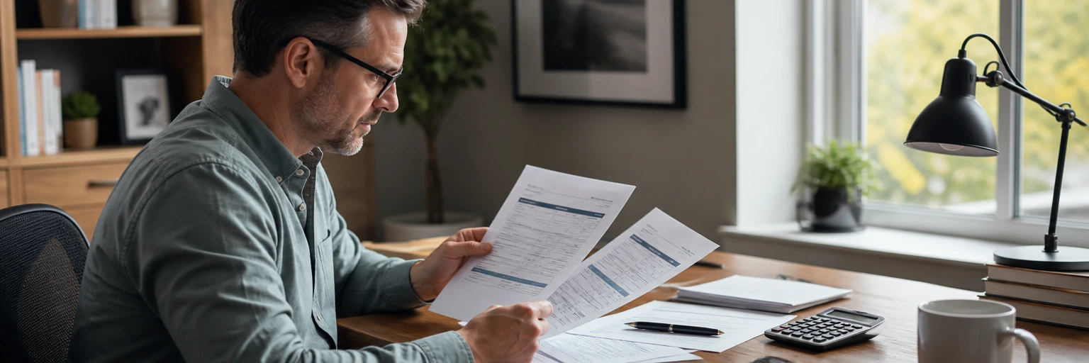 Adult at a home office desk reviewing an umbrella insurance policy summary alongside a home and auto declarations page