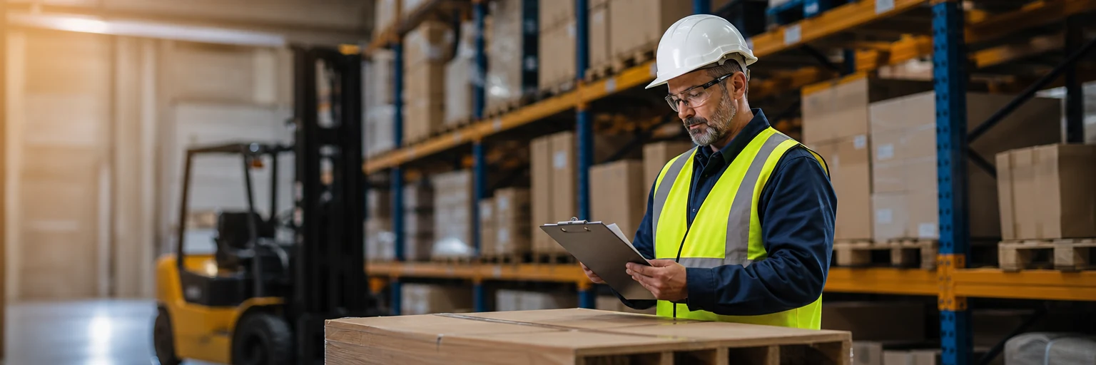 Warehouse worker in a hard hat and hi-vis vest reviewing a safety checklist on a clipboard beside stacked shelving.