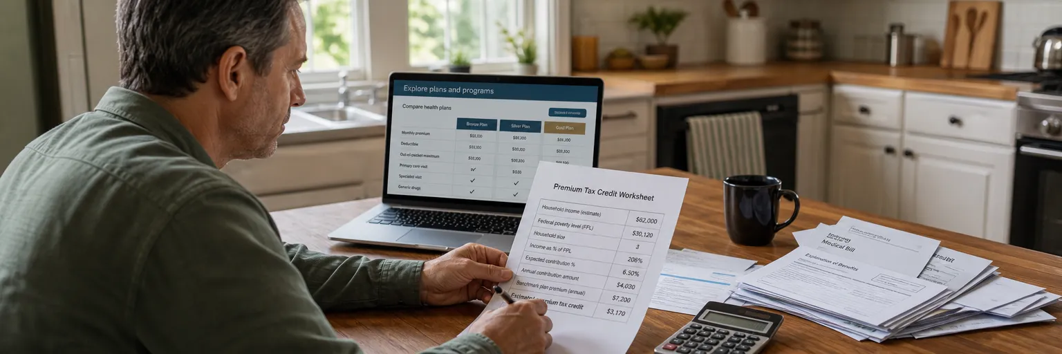 Self-employed adult at a kitchen table comparing 2026 marketplace health plans on a laptop next to a printed premium tax credit worksheet