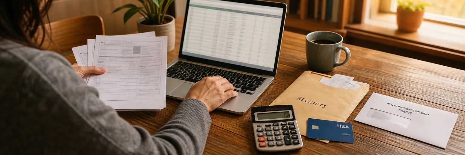 Self-employed adult at a home-office desk doing April tax prep — a laptop next to a printed 1099 stack, a receipts folder, a calculator, and an HSA card as thematic cues for insurance-related tax deductions.