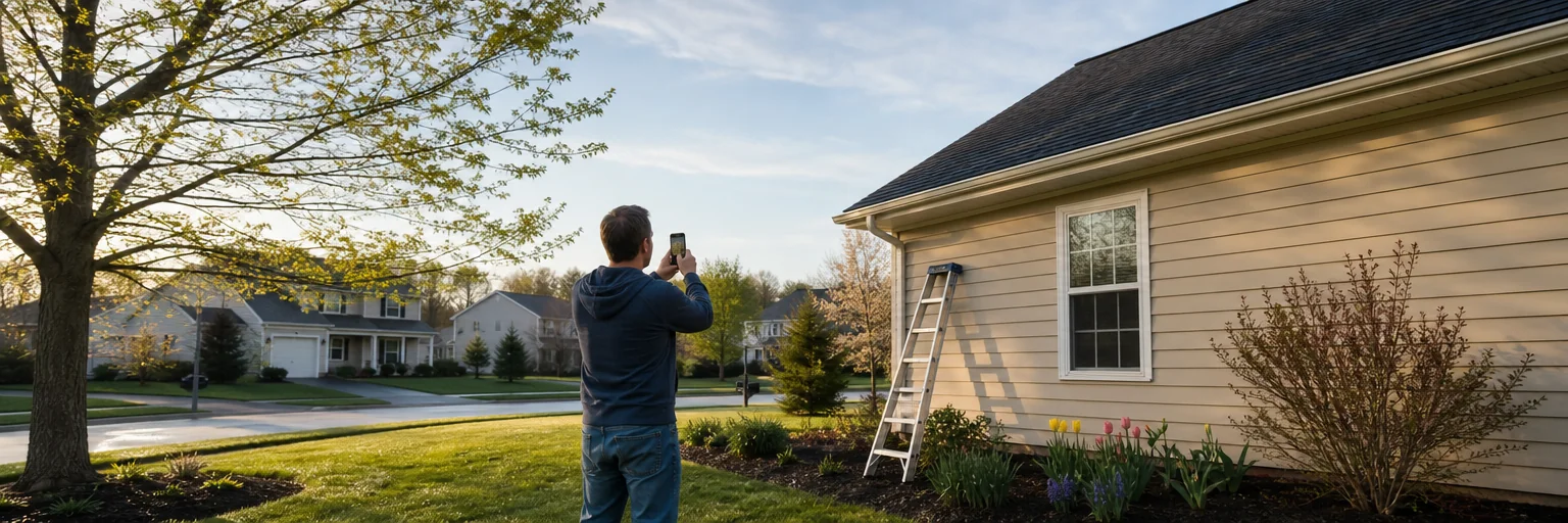 Homeowner walking the perimeter of a suburban home on a spring morning — cleaning gutters, checking downspouts, and photographing roof shingles for pre-storm insurance documentation.